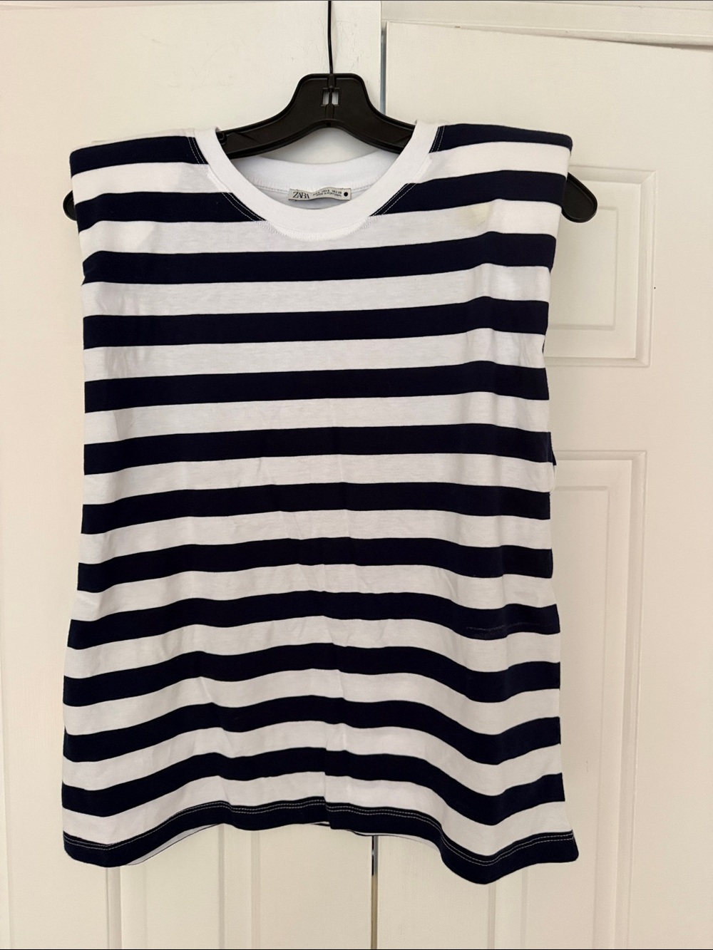 Zara Padded Shoulder White and Navy Striped Tank preppy nautical
